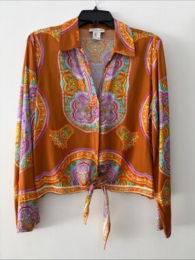 Rachel Zoe Orange Paisley Tie-Front Button-Down Shirt